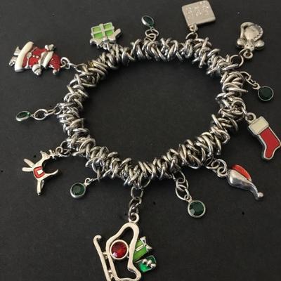 Vintage Christmas holiday charm bracelet, enamel charms, Silver-tone very nice