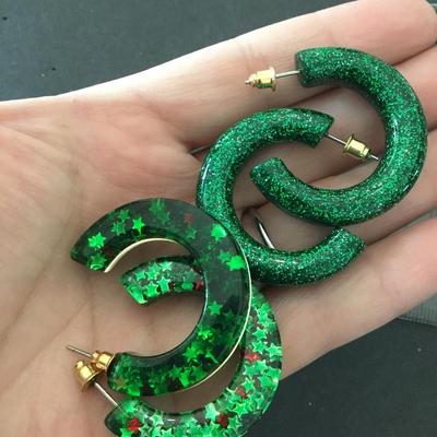 Super cute, holiday, Christmas acrylic, hoop earrings two pairs