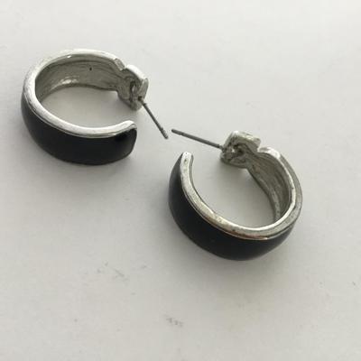 Unmarked silver tone black hoop earrings