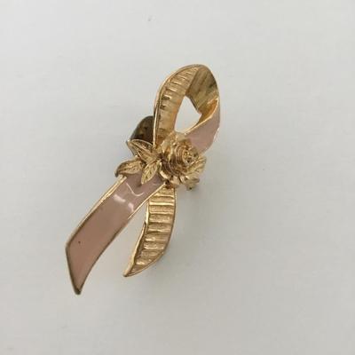 Avon gold tone pink ribbon vintage push pin