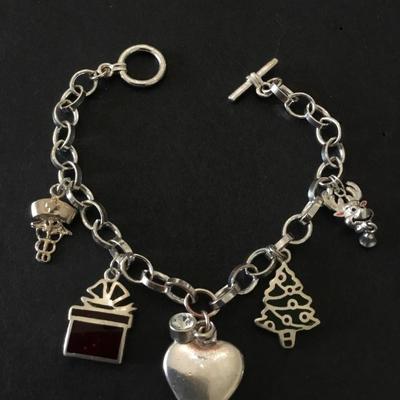 Vintage, silver plated, Christmas, holly, charm bracelet, and glass charms