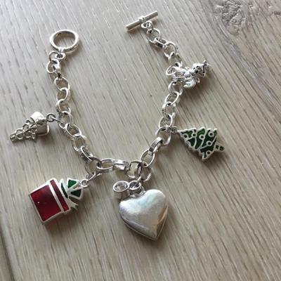 Vintage, silver plated, Christmas, holly, charm bracelet, and glass charms