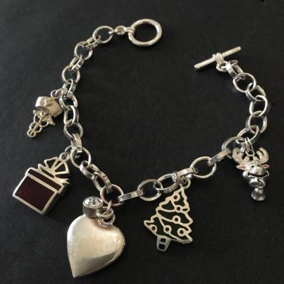 Vintage, silver plated, Christmas, holly, charm bracelet, and glass charms