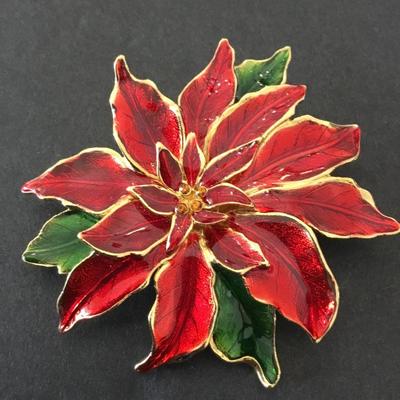 Vintage enamel Christmas poinsettia, flower, brooch