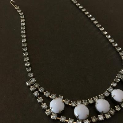 Gorgeous, art deco, blue, crystal rhinestone, blue milk, glass choker necklace