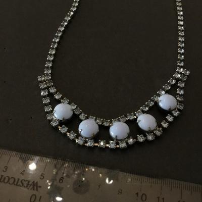 Gorgeous, art deco, blue, crystal rhinestone, blue milk, glass choker necklace