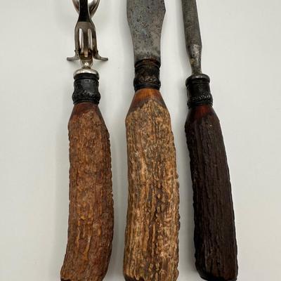 Antique Sterling Mounted Carving Set with Stag Horn Handles