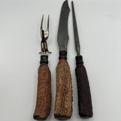Antique Sterling Mounted Carving Set with Stag Horn Handles
