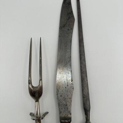 Antique Sterling Mounted Carving Set with Stag Horn Handles