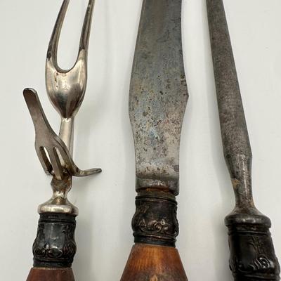 Antique Sterling Mounted Carving Set with Stag Horn Handles