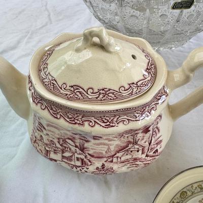 Fostoria Juice glasses, Tea pots, Large glass bowls
