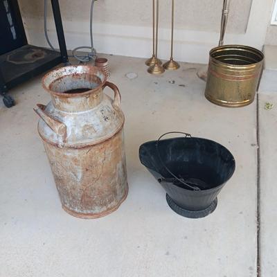 OLD MILK CAN AND A COAL/ASH BUCKET WITH SHOVEL