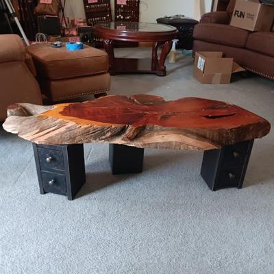 LIVE EDGE SLAB TABLE WITH 3 TWO DRAWER LEGS