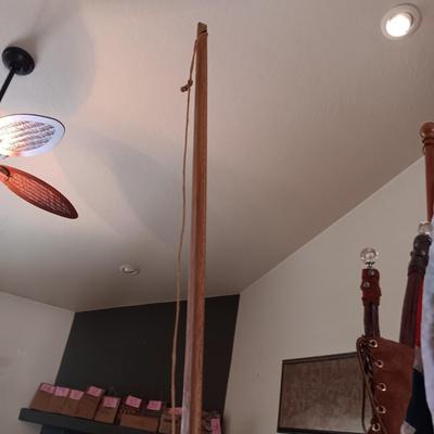 HANDCRAFTED STAND FOR SWORDS, SPEARS, BOWS, ETC AND A LARGE BOW, DRAGON SLAYER, FLAG AND POLE PLUS MORE