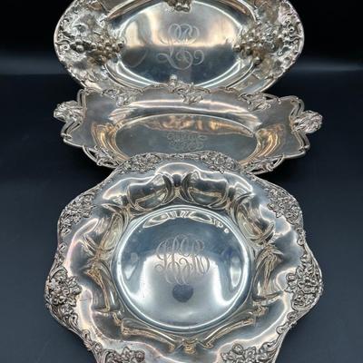 Set of 3 Ornate Sterling Serving Bowls with Monogram