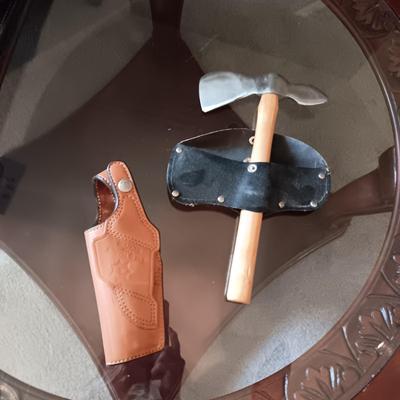 LEATHER HOLSTER AND HATCHET TYPE TOOL