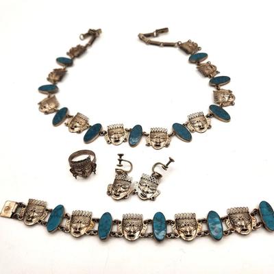 Lot #263 Lovely Mexican Sterling Silver (marked) Parure - Necklace, Ring, Earring, Bracelet - Mayan Theme