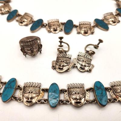 Lot #263 Lovely Mexican Sterling Silver (marked) Parure - Necklace, Ring, Earring, Bracelet - Mayan Theme