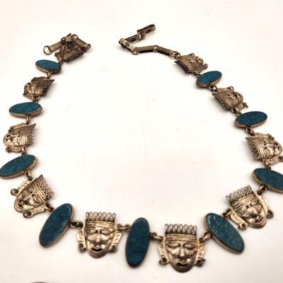 Lot #263 Lovely Mexican Sterling Silver (marked) Parure - Necklace, Ring, Earring, Bracelet - Mayan Theme