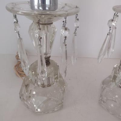 Pair of Crystal Glass with Hanging Crytal Spears Table Lamps