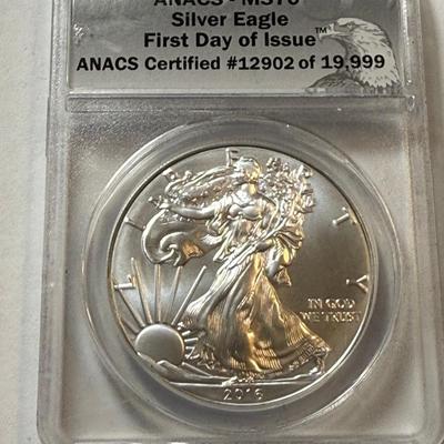 ANACS CERTIFIED 2016 MS70 SILVER EAGLE DOLLAR 1-OUNCE COIN AS PICTURED.