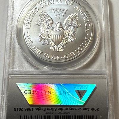 ANACS CERTIFIED 2016 MS70 SILVER EAGLE DOLLAR 1-OUNCE COIN AS PICTURED.