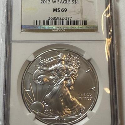 NGC CERTIFIED 2012-W MS69 SILVER EAGLE DOLLAR 1-OUNCE COIN AS PICTURED.