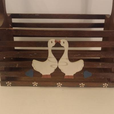 Folk Art Rustic Wood Slat Carry Basket with Duck Theme