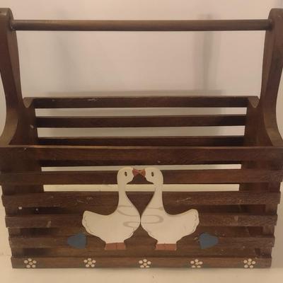 Folk Art Rustic Wood Slat Carry Basket with Duck Theme