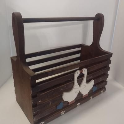 Folk Art Rustic Wood Slat Carry Basket with Duck Theme