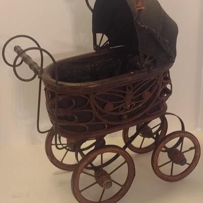 Vintage Victorian Style Decorative Rattan and Metal Baby Doll Pram Stroller