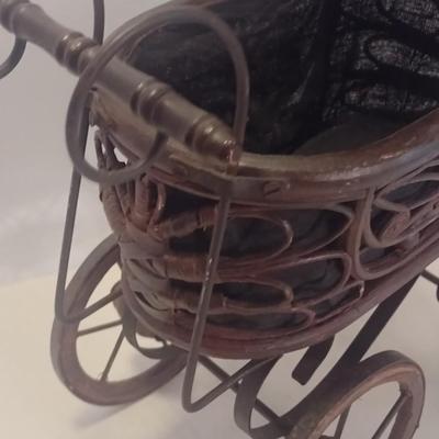 Vintage Victorian Style Decorative Rattan and Metal Baby Doll Pram Stroller