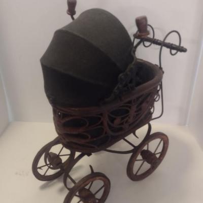 Vintage Victorian Style Decorative Rattan and Metal Baby Doll Pram Stroller