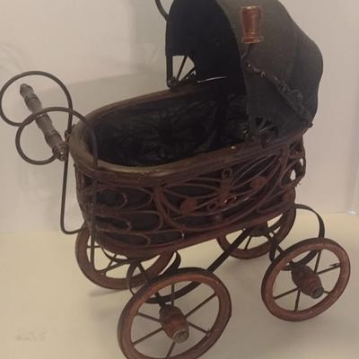 Vintage Victorian Style Decorative Rattan and Metal Baby Doll Pram Stroller