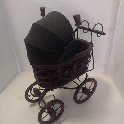 Vintage Victorian Style Decorative Rattan and Metal Baby Doll Pram Stroller