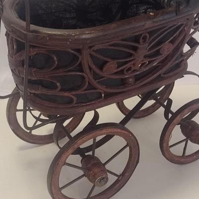 Vintage Victorian Style Decorative Rattan and Metal Baby Doll Pram Stroller