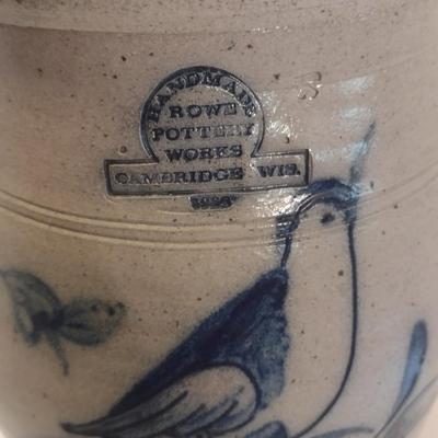 Handmade Rowe Pottery Works Salt Glaze Water Cooler with Blue Bird Slip Design