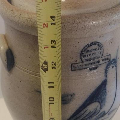 Handmade Rowe Pottery Works Salt Glaze Water Cooler with Blue Bird Slip Design