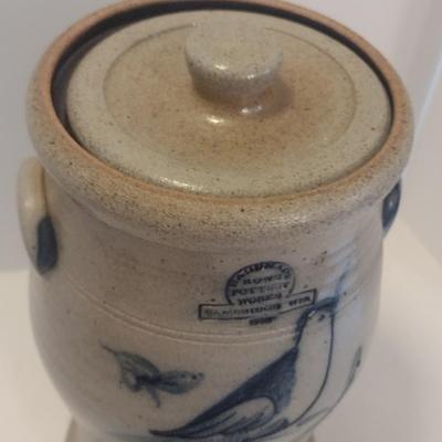 Handmade Rowe Pottery Works Salt Glaze Water Cooler with Blue Bird Slip Design