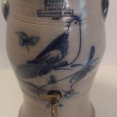 Handmade Rowe Pottery Works Salt Glaze Water Cooler with Blue Bird Slip Design