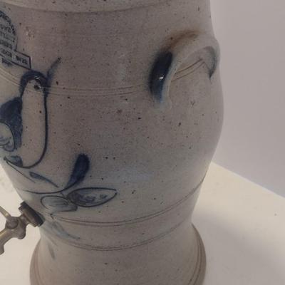 Handmade Rowe Pottery Works Salt Glaze Water Cooler with Blue Bird Slip Design