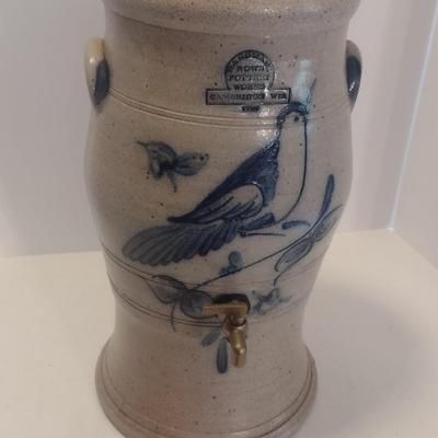 Handmade Rowe Pottery Works Salt Glaze Water Cooler with Blue Bird Slip Design