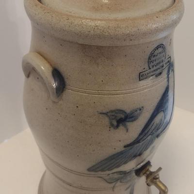 Handmade Rowe Pottery Works Salt Glaze Water Cooler with Blue Bird Slip Design