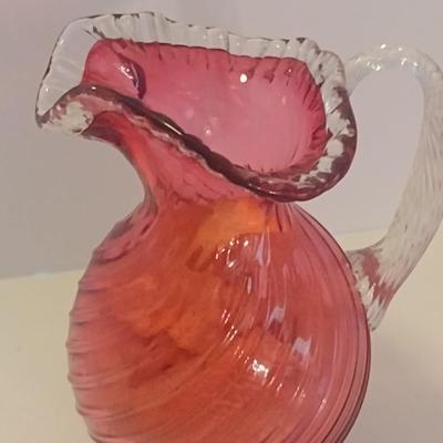 Art Glass Cranberry Swirl Design Water Pitcher