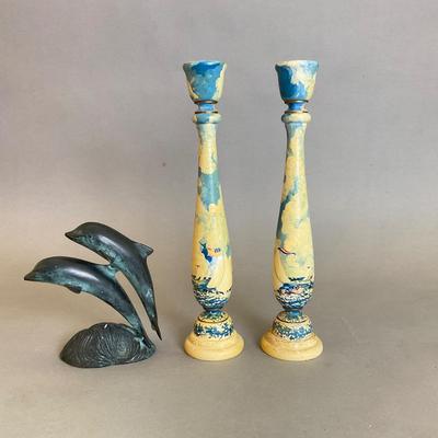 K1078 Handpainted Nautical Candlesticks with Dolphin Sculpture