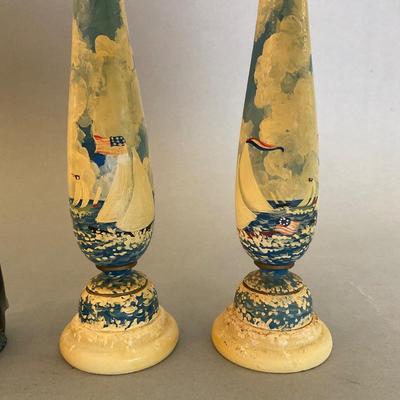K1078 Handpainted Nautical Candlesticks with Dolphin Sculpture
