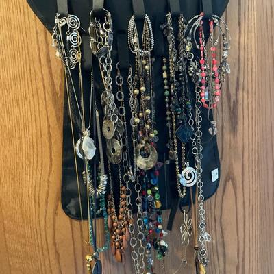 Necklaces and bracelets on an organizer