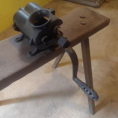 Antique #11 Tobacco Grinder Mounted on Homemade Work Bench