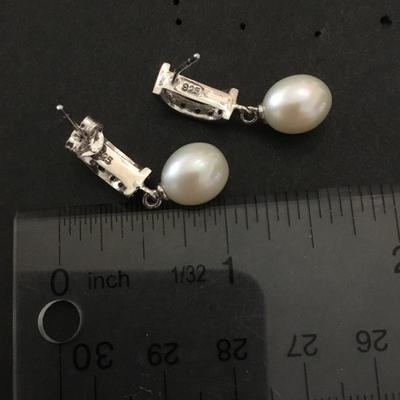 Elegant 925 sterling, silver genuine pearl dangle earrings