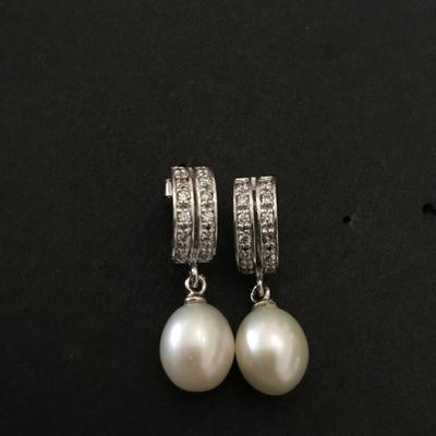 Elegant 925 sterling, silver genuine pearl dangle earrings